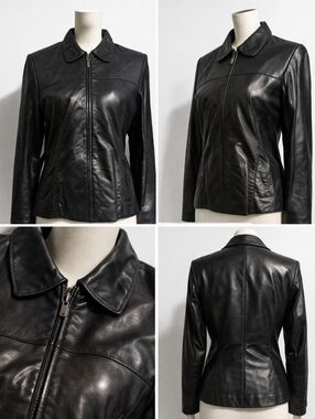 Vintage Wilsons Black Leather Fitted Jacket Minimalist 90s Classic Zip Women's